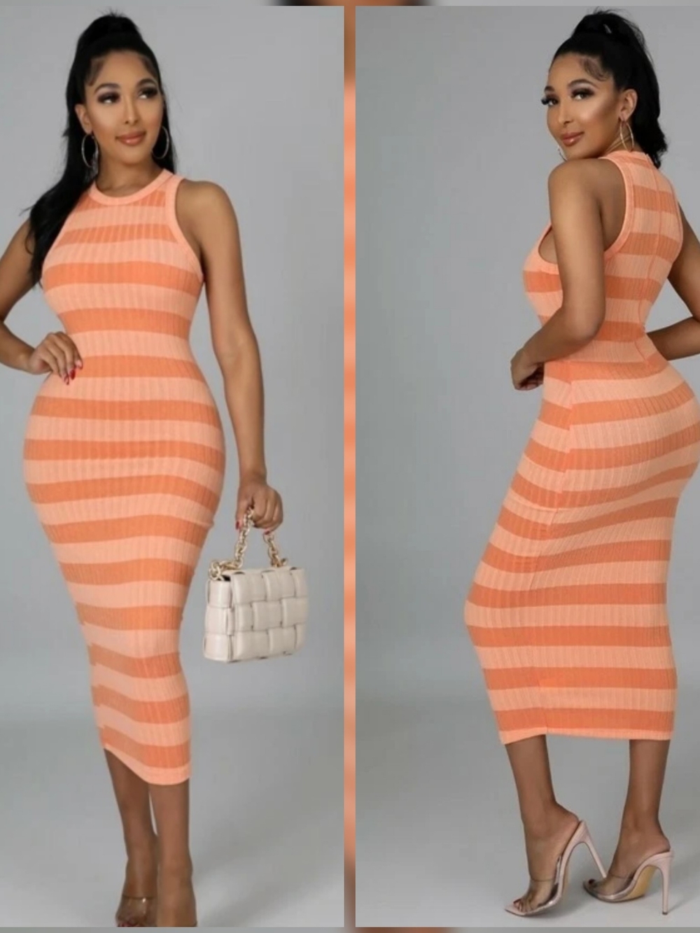 Sleeveless Striped Bodycon Midi Dress - Peach
